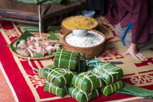 banh chung square sticky rice cake, traditional cake in Vietnam